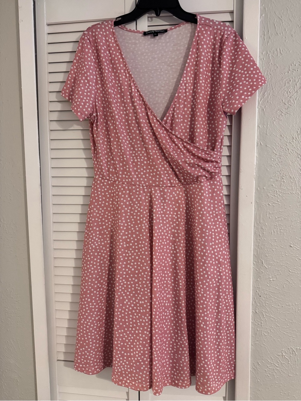 Polka Dot Faux-Wrap Mini Dress in Dusty Pink